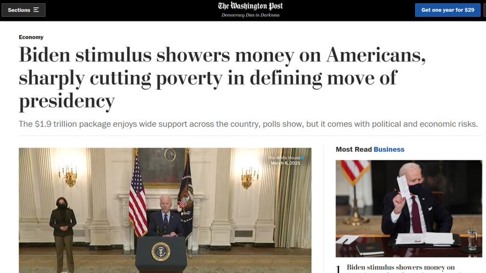 You are currently viewing ‘Biden showers money on Americans’?! WaPo mocked for ‘Dear Leader’ vibes in Covid stimulus story — RT USA News
