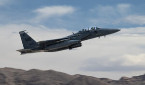 Read more about the article Red Flag! An F-15SG Strike Eagle takes off during Red Flag 21-2 at @NellisAFB,