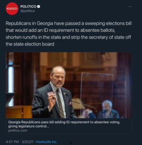 Read more about the article Republicans in Georgia have passed a sweeping elections bill that would add an ID requirement to absentee ballots, shorten runoffs in the state and strip the secretary of state off the state election board