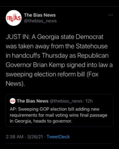 Read more about the article JUST IN: A Georgia state Democrat was taken away from the Statehouse in handcuffs Thursday as Republican Governor Brian Kemp signed into law sweeping election reform bill