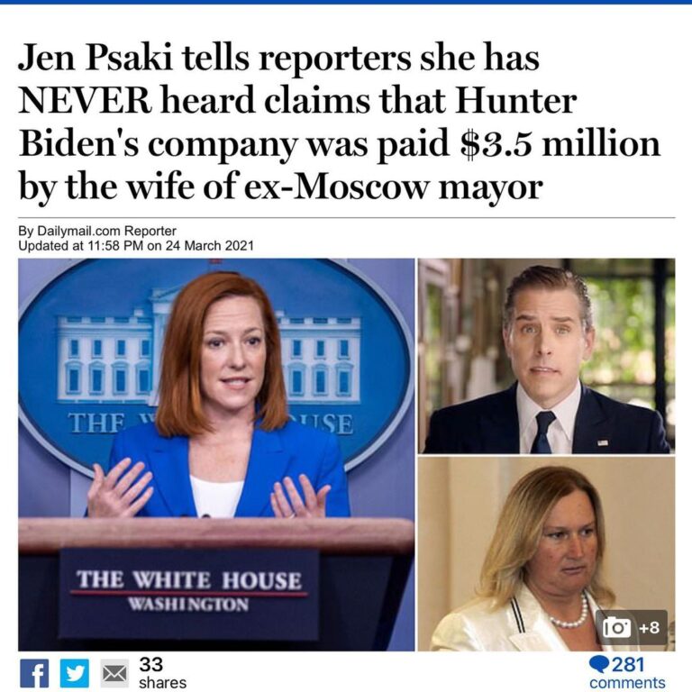 Read more about the article Jen Psaki tells reporters she has NEVER heard claims that Hunter Biden’s company was paid $3.5 million by the wife of ex-Moscow mayor