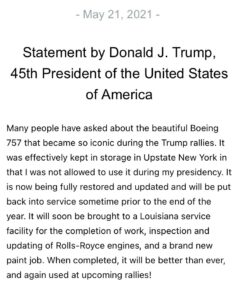Read more about the article BREAKING: Trump says he plans to restore his iconic Boeing 757 with a “brand new