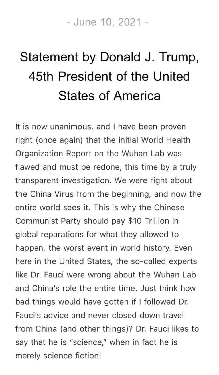 Read more about the article JUST IN – Trump says he has been proven right that WHO report on Wuhan Lab was f