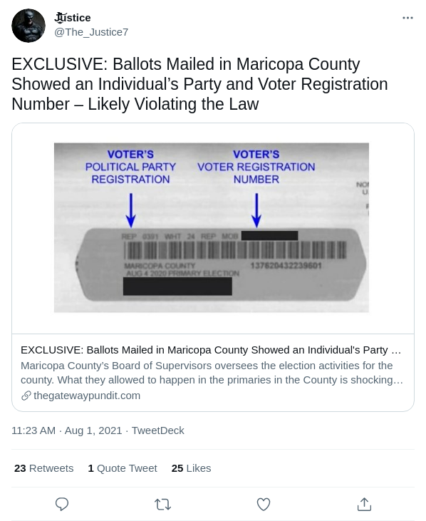 Read more about the article EXCLUSIVE: Ballots Mailed in Maricopa County Showed an Individual’s Party and Voter Registration Number – Likely Violating the Law