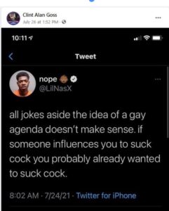 Read more about the article AHHHHHHHHHHHHHHHHHH

On July 26, 2021, Goss posted a photo of a tweet from gay r