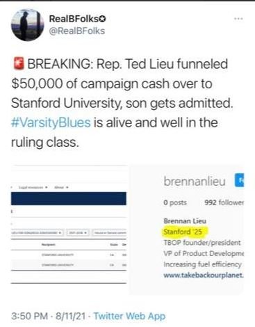 Read more about the article Ted Lieu’s Son Admitted To Stanford After Dad Funneled Campaign Money – Twitter Censors Whistleblowers Account
