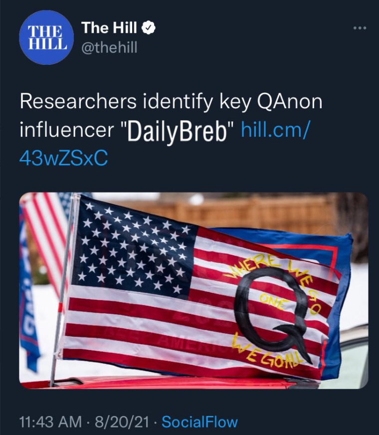 Read more about the article MEME: Mainstream Media Panic: Researchers identify key QAnon influencer “DailyBreb” – The Hill