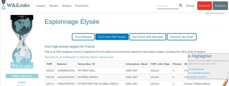 Read more about the article NSA database extract of significant French political and economic telephone inte