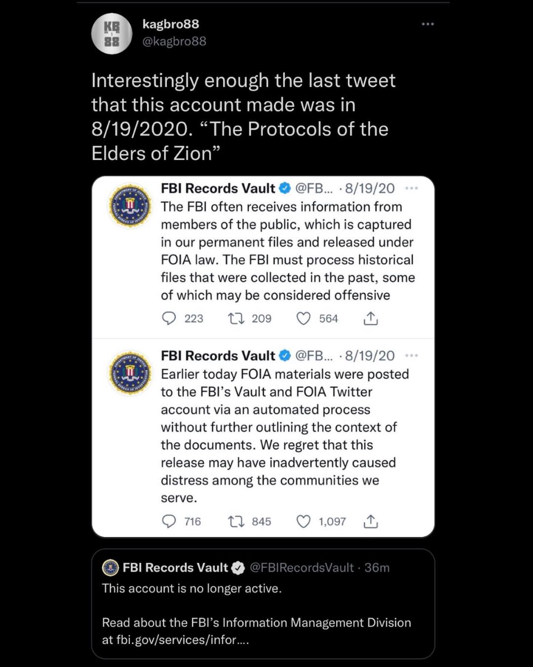 You are currently viewing Oy vey they took down the fbi vaults twitter account, which the last tweet they