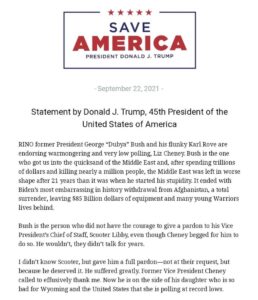 Read more about the article NEW: Donald Trump drags “RINO” George W. Bush, Rep. Liz Cheney in new statement.