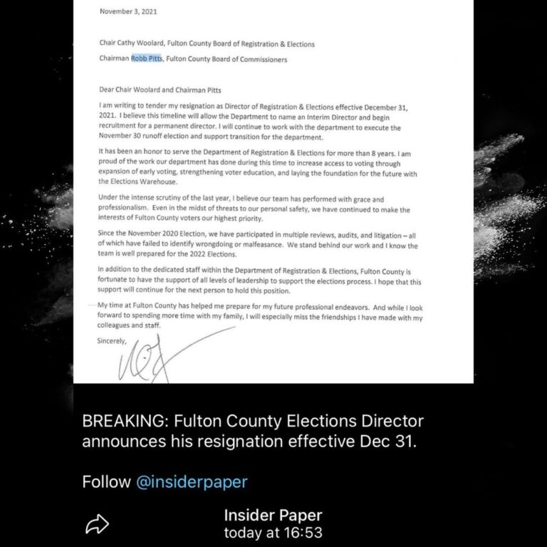 Read more about the article IT’S QVER 
Fulton County Elections Director resigns DEC 13
