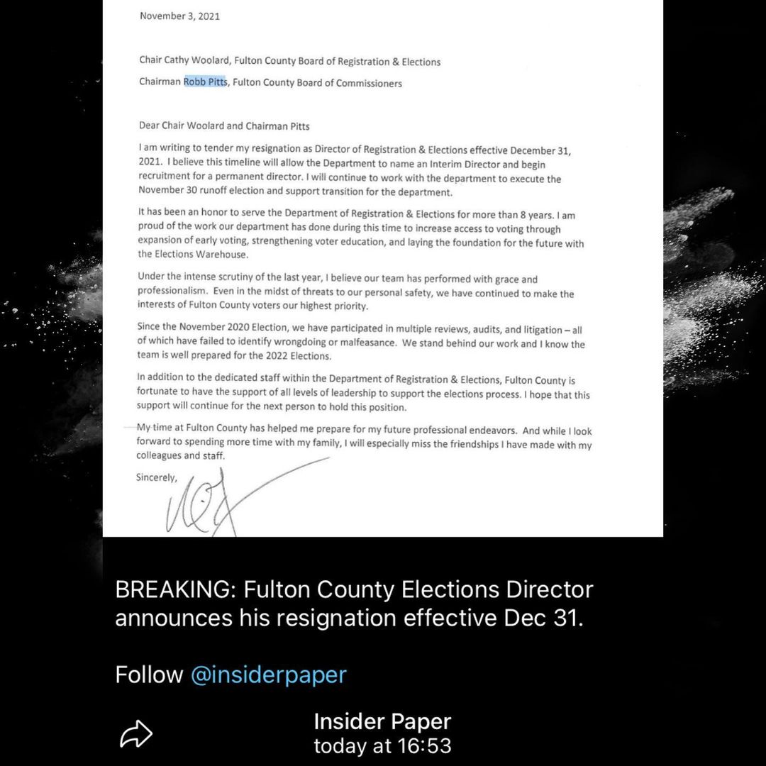You are currently viewing IT’S QVER 
Fulton County Elections Director resigns DEC 13