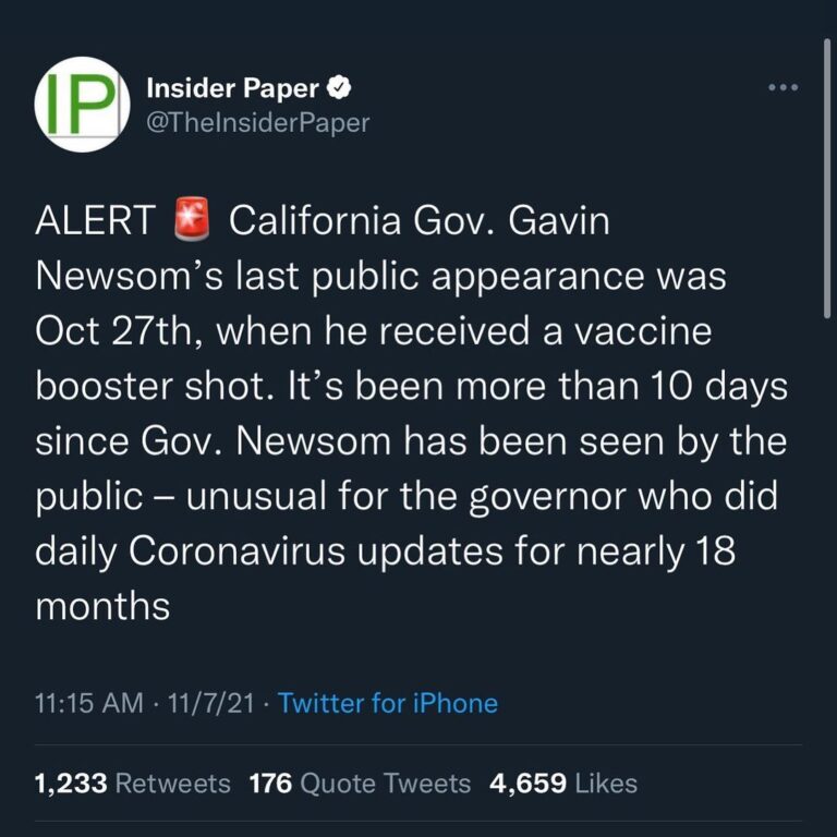 Read more about the article ALERT California Gov. Gavin Newsom’s last public appearance was Oct 27th, when he received a vaccine booster shot. It’s been more than 10 days since Gov. Newsom has been seen by the public — unusual for the governor who did daily Coronavirus updates for nearly 18 months