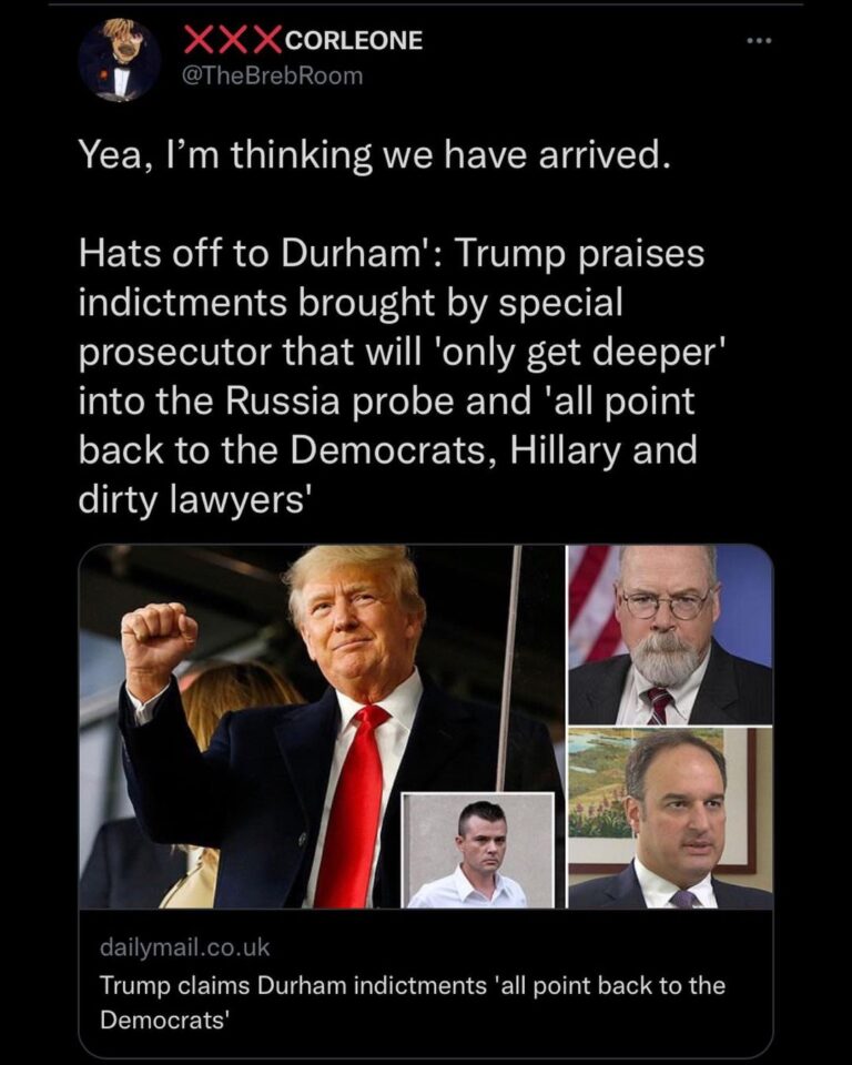 Read more about the article Hats off to Durham’: Trump praises indictments brought by special prosecutor that will ‘only get deeper’ into the Russia probe and ‘all point back to the Democrats, Hillary and dirty lawyers’