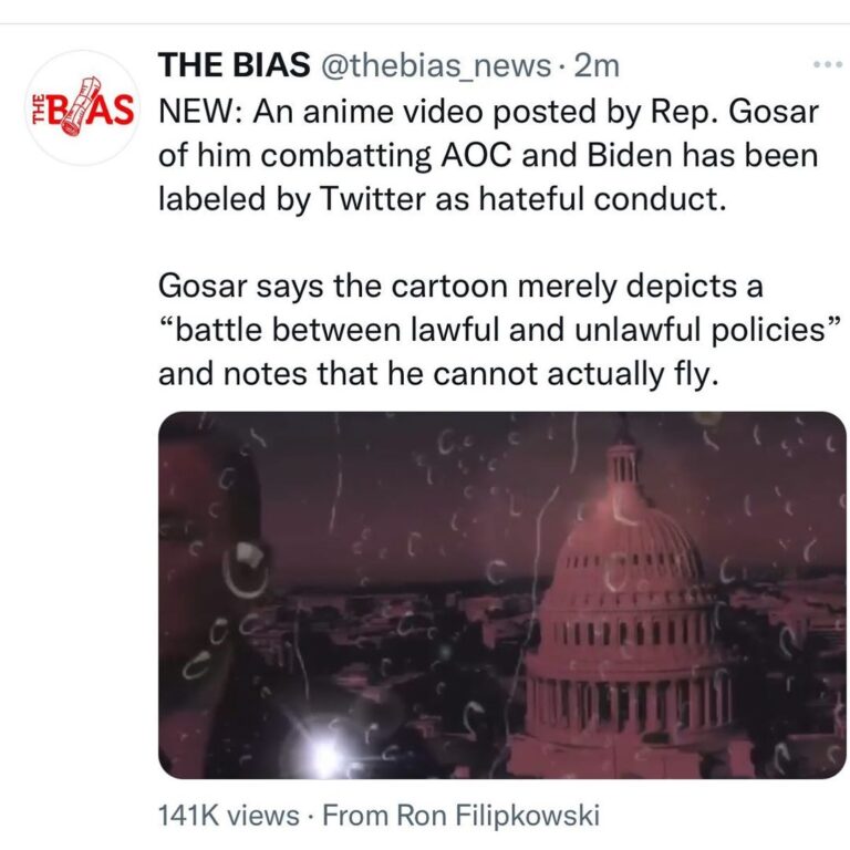 Read more about the article NEW: An anime video posted by Rep. Gosar of him combatting AOC and Biden has been labeled by Twitter as hateful conduct.