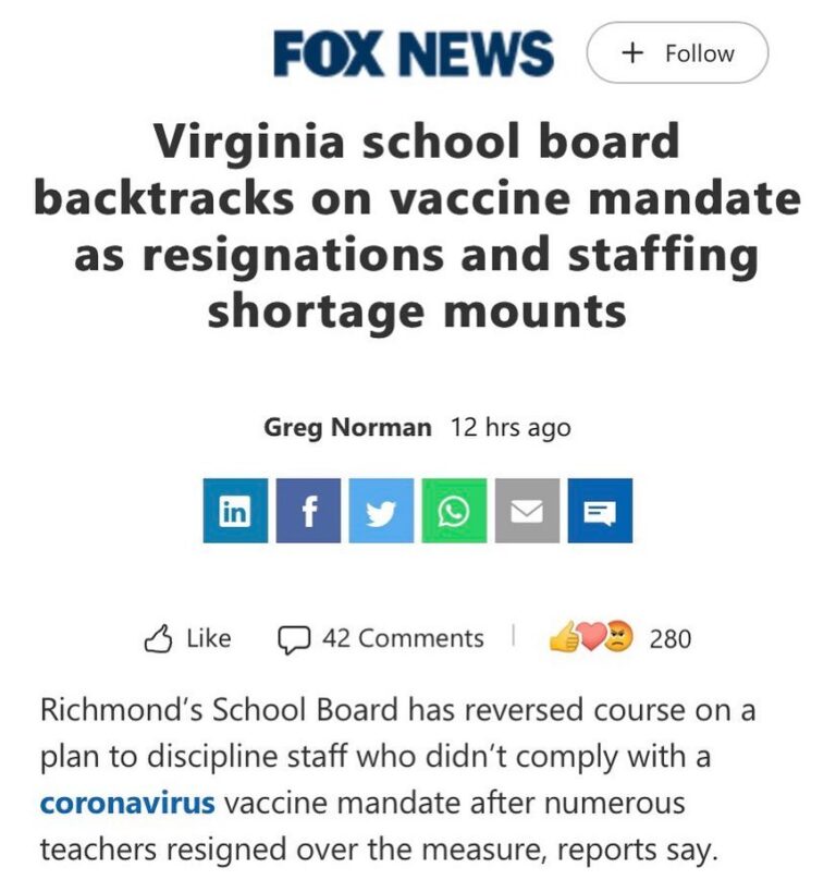 Read more about the article Virginia school board backtracks on vaccine mandate as resignations and staffing shortage mounts