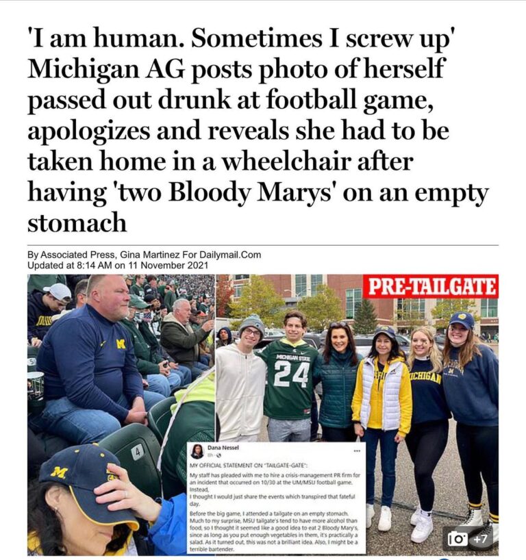Read more about the article ‘I am human. Sometimes I screw up’ Michigan AG posts photo of herself passed out drunk at football game, apologizes and reveals she had to be taken home in a wheelchair after having ‘two Bloody Marys’ on an empty stomach