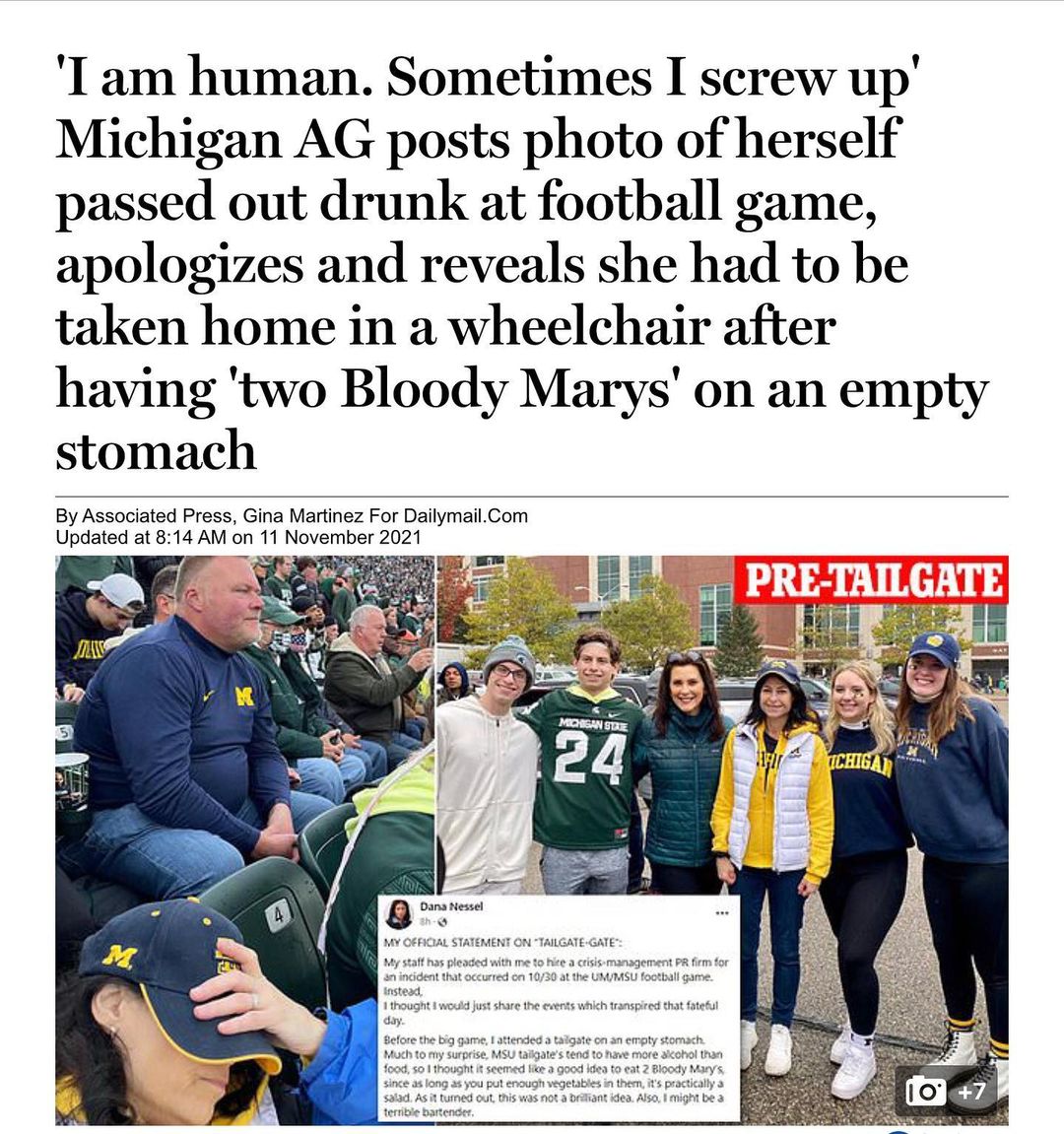 You are currently viewing ‘I am human. Sometimes I screw up’ Michigan AG posts photo of herself passed out drunk at football game, apologizes and reveals she had to be taken home in a wheelchair after having ‘two Bloody Marys’ on an empty stomach