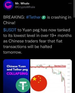 Read more about the article BREAKING: Tether is crashing in China!  $USDT to Yuan peg has now tanked to its lowest level in over 19+ months as Chinese traders fear that fiat transactions will be halted tomorrow.