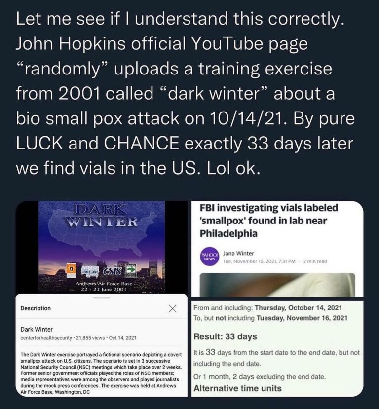 Read more about the article Let me see if I understand this correctly. John Hopkins official YouTube page “randomly” uploads a training exercise from 2001 called “dark winter” about a bio small pox attack on 10/14/21. – By pure LUCK and CHANCE exactly 33 days later we find vials in the US. Lol 0k.