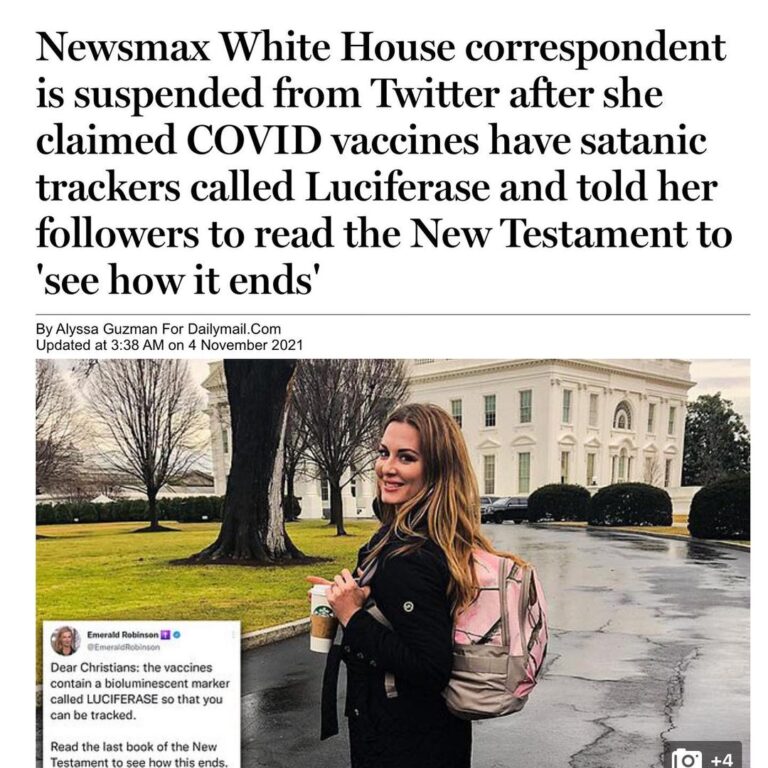 Read more about the article Newsmax White House correspondent is suspended from “fivitter after she claimed COVID vaccines have satanic trackers called Luciferase and told her followers to read the New Testament to ‘see how it ends’