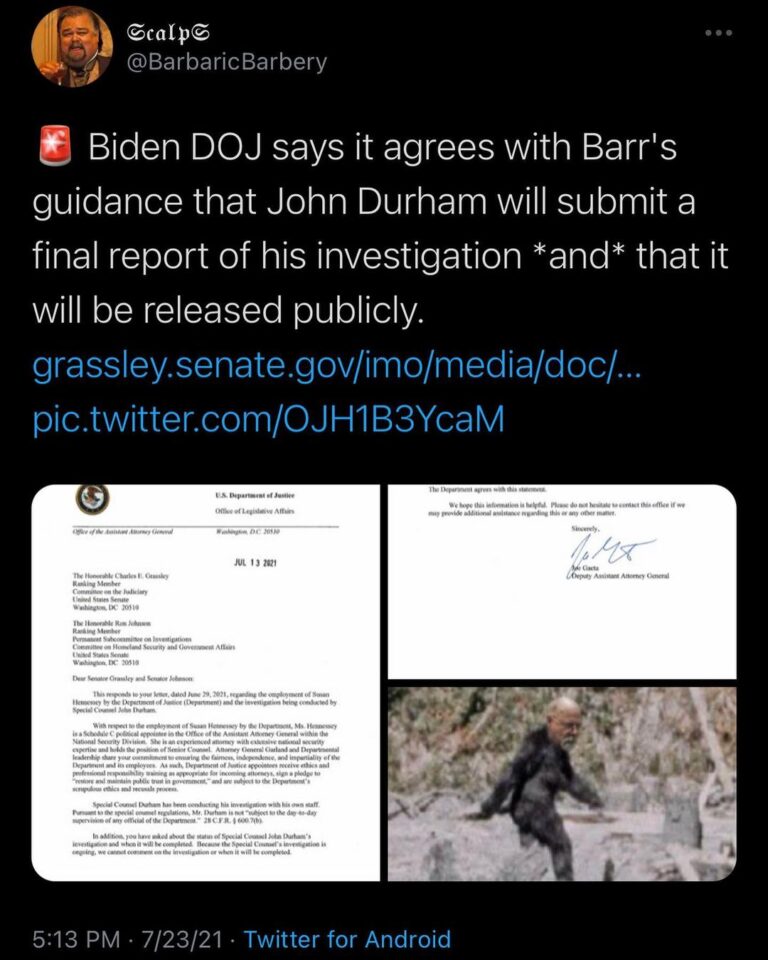 Read more about the article g Biden DOJ says it agrees with Barr’s guidance that John Durham will submit a final report of his investigation *and* that it will be released publicly.