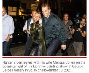 Read more about the article Hunter Biden leaves with his wife Melissa Cohen on the opening night of his lucrative painting show at George Berges Gallery in SoHo on November 1 0, 2021.