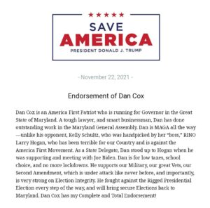 Read more about the article NEW!

President Donald J. Trump announces his endorsement of Dan Cox for Governo