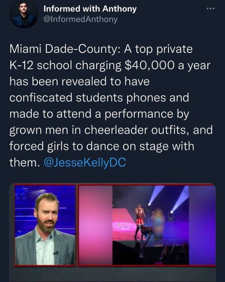 Read more about the article Miami Dade-County: A top private K-12 school charging $40,000 a year has been revealed to have confiscated students phones and made to attend a performance by grown men in cheerleader outfits, and forced girls to dance on stage with them