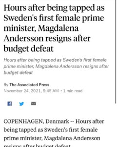 Read more about the article Hours after being tapped as Sweden’s first female prime minister, Magdalena Andersson resigns after budget defeat