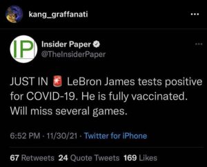 Read more about the article JUST IN S LeBron James tests positive for COVID-19. He is fully vaccinated. Will miss several games.