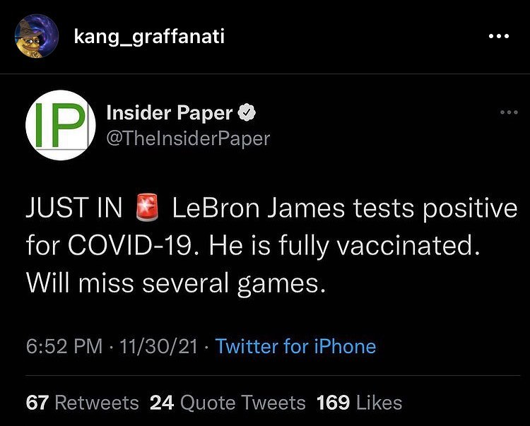Read more about the article JUST IN LeBron James tests positive for COVID-19. He is fully vaccinated. Will miss several games.