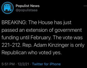 Read more about the article BREAKING: The House has just passed an extension of government funding until February. The vote was 221-212. Rep. Adam Kinzinger is only Republican who voted yes.