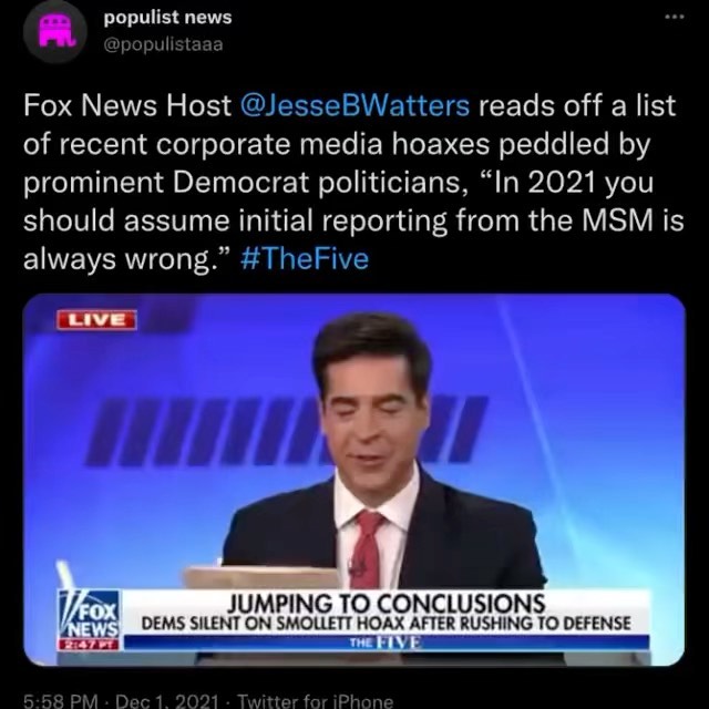 Read more about the article Fox News Host @JesseBWatters reads off a list of recent corporate media hoaxes peddled by prominent Democrat politicians, “In 2021 you should assume initial reporting from the MSM is always wrong.” #TheFive