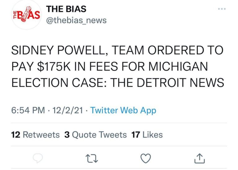 Read more about the article SIDNEY POWELL, TEAM ORDERED TO PAY $175K IN FEES FOR MICHIGAN ELECTION CASE: THE DETROIT NEWS
