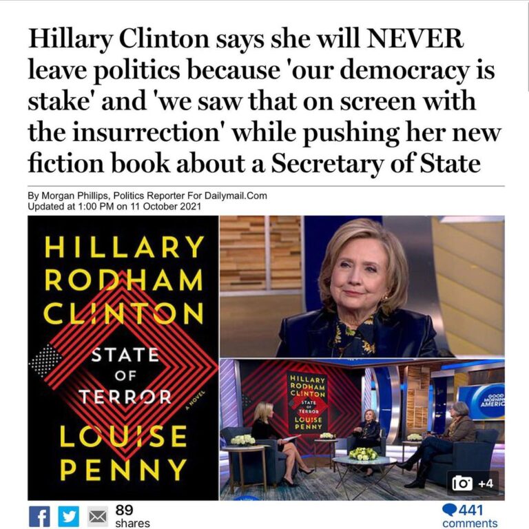Read more about the article Hillary Clinton says she will NEVER leave politics because ‘our democracy is stake’ and ‘we saw that on screen with the insurrection’ while pushing her new fiction book about a Secretary of State