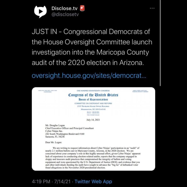 Read more about the article JUST IN – Congressional Democrats of the House Oversight Committee launch investigation into the Maricopa County audit of the 2020 election in Arizona.
