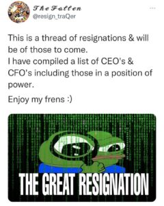 Read more about the article This is a thread of resignations & will be of those to come. I have compiled a list of CEO’s & CFO’s including those in a position of power. Enjoy my frens :)