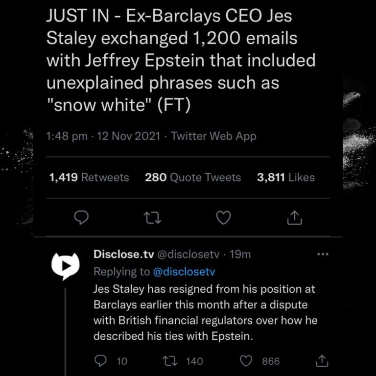 Read more about the article JUST IN – Ex-Barclays CEO Jes Staley exchanged 1,200 emails with Jeffrey Epstein that included unexplained phrases such as “snow white”