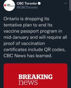 Read more about the article Ontario is dropping its tentative plan to end its vaccine passport program in mid-January and will require all proof of vaccination certificates include QR codes