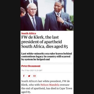 Read more about the article FW de Klerk, the last president of apartheid South Africa, dies aged 85