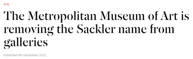 Read more about the article The Metropolitan Museum of Art announces it is removing Sackler name from its galleries, December 9, 2021