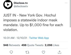 Read more about the article JUST IN – New York Gov. Hochul imposes a statewide indoor mask mandate. Up to $1,000 fine for each violation