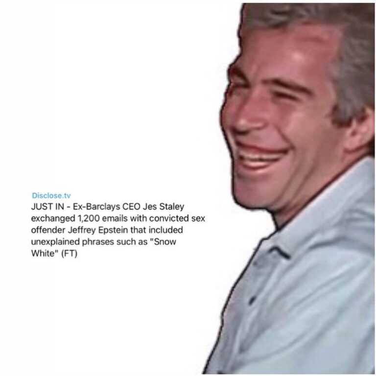 Read more about the article JUST IN – Ex-Barclays CEO Jes Staley exchanged 1,200 emails with convicted sex offender Jeffrey Epstein that included unexplained phrases such as “Snow White” (FT)