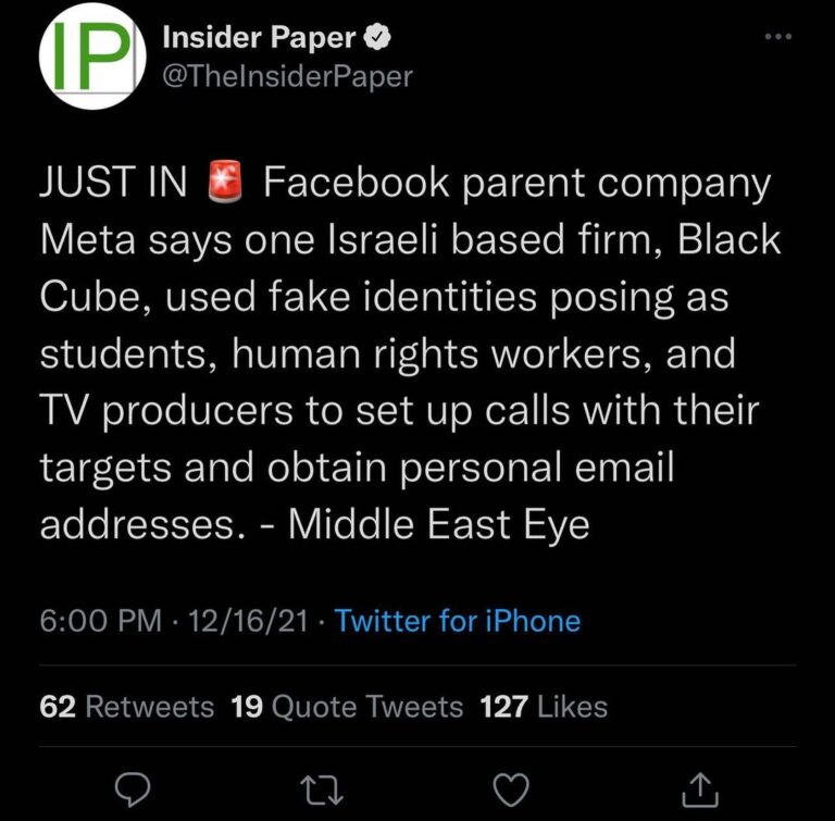 Read more about the article JUST IN: Facebook parent company Meta says one Israeli based firm, Black Cube, used fake identities posing as students, human rights workers, and TV producers to set up calls with their targets and obtain personal email addresses. – Middle East Eye