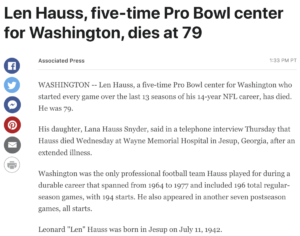 Read more about the article Len Hauss, #56, dead at 79, before TNF, in the building Super Bowl 56 is in, December 16, 2021