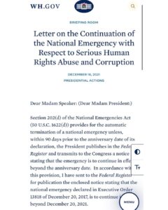 Read more about the article Letter on the Continuation of the National Emergency with Respect to Serious Human Rights Abuse and Corruption