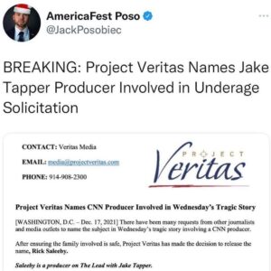 Read more about the article BREAKING: Project Veritas Names Jake Tapper Producer Involved in Underage Solicitation