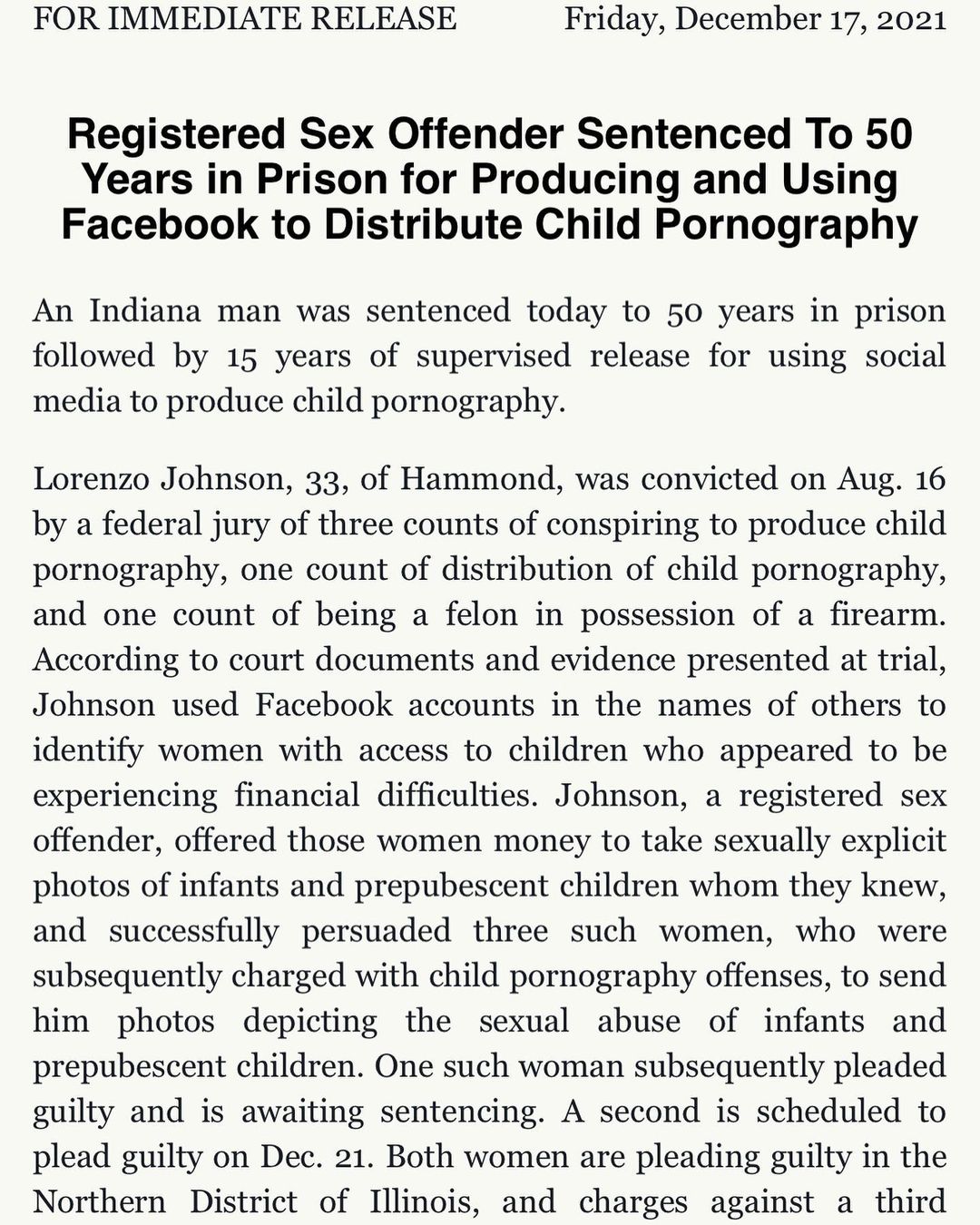 You are currently viewing Registered Sex Offender Sentenced To 50 Years in Prison for Producing and Using Facebook to Distribute Child Pornography