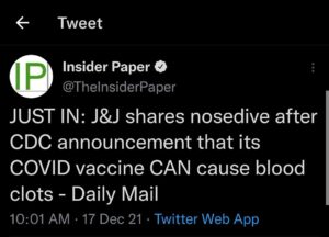 Read more about the article JUST IN: J&J shares nosedive after CDC announcement that its COVID vaccine CAN cause blood clots – Daily Mail